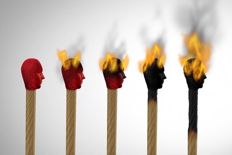 Set against a white background are five matches, with red human heads in the center of the picture. From left to right, they progressively burn. The first match has a red top face with brown wood, and the last match is completely burned black.