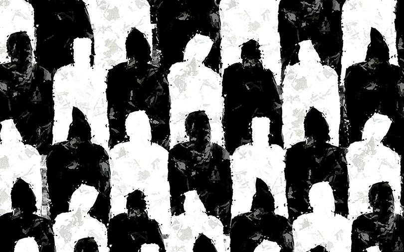 Impressive 3d rendering of a wall made of standard black and white unisex people dressed in raincoats and hoods. They look soulless and thought provoking.